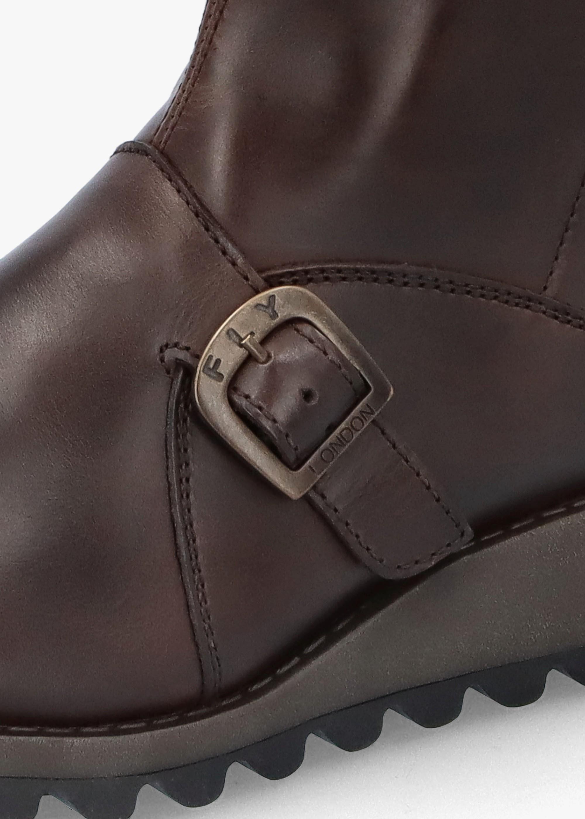 Fly London Mes Ii Dark Brown Leather Low Wedge Calf Boots Lyst UK