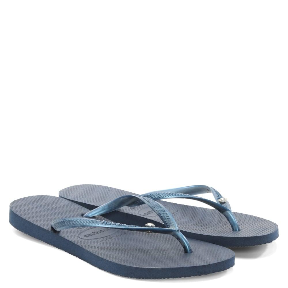navy diamante flip flops