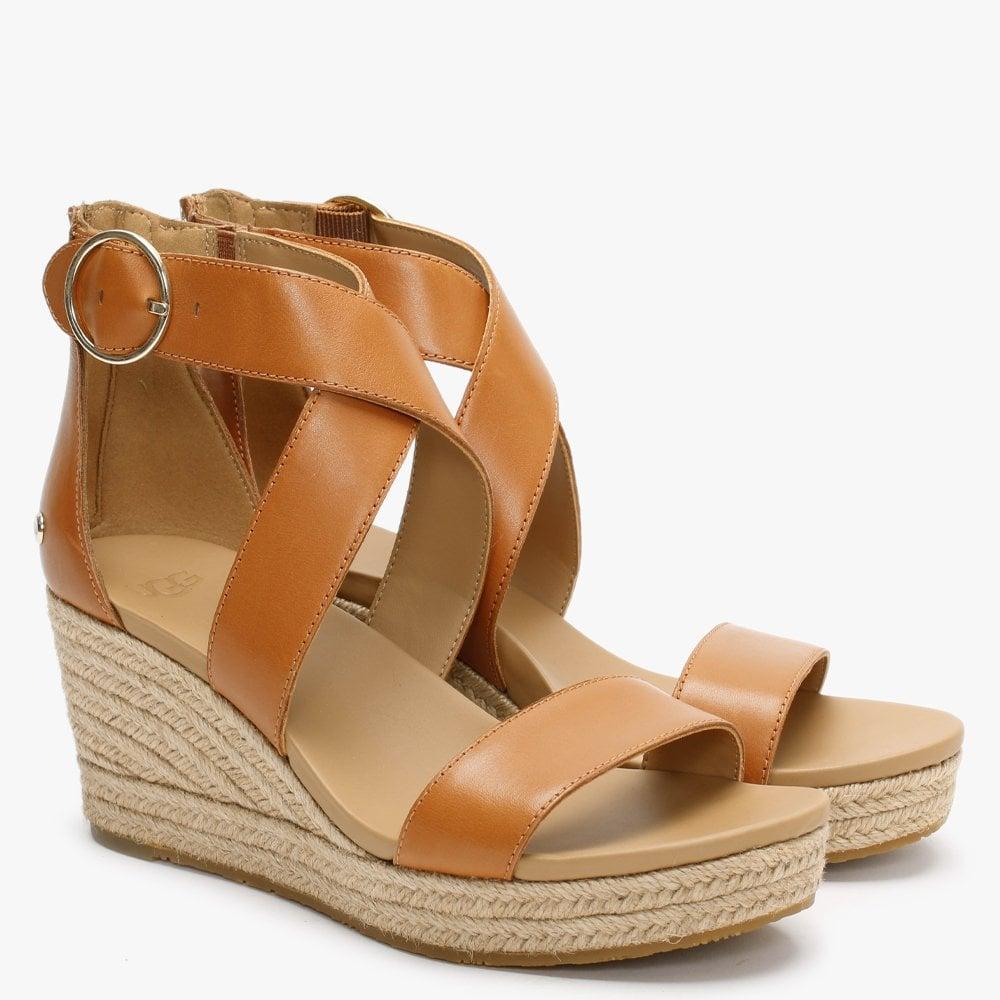UGG Hylda Tan Leather Wedge Sandals in Brown | Lyst UK