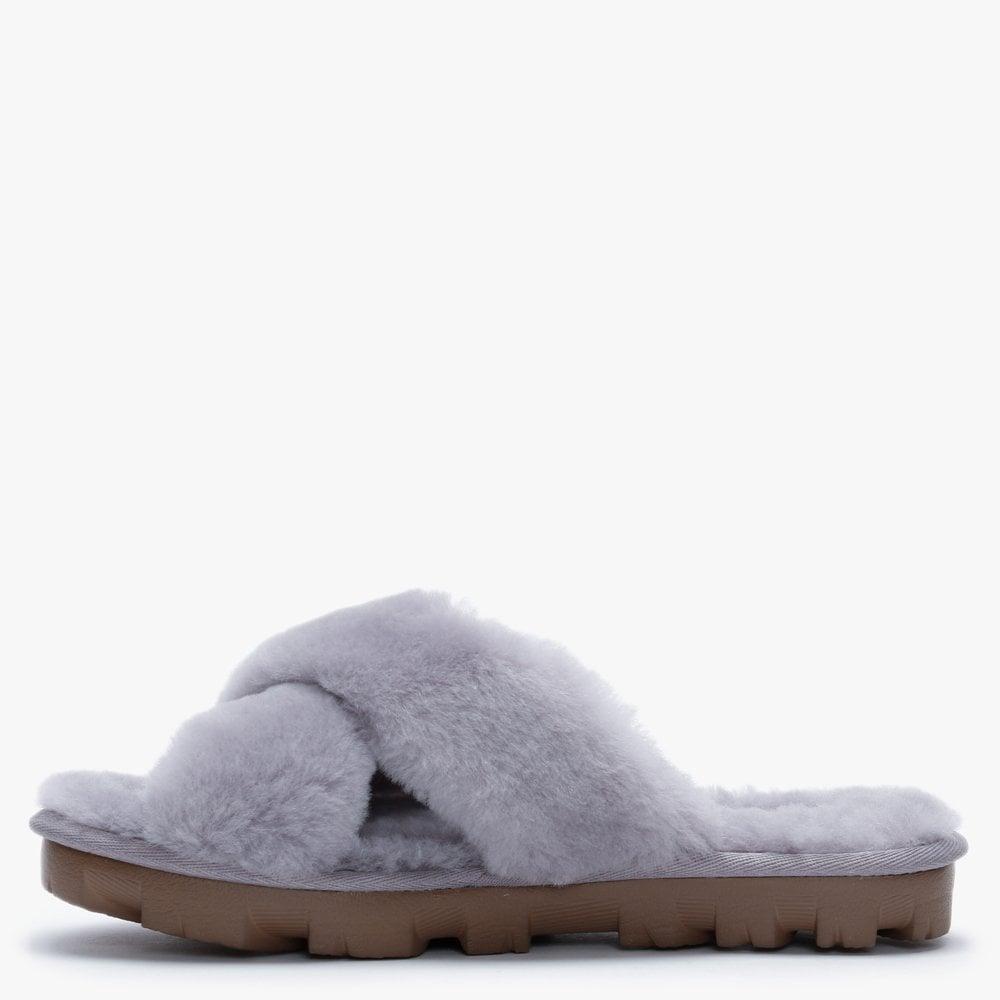 UGG Fuzzette Soft Amethyst Shearling Cross Over Slippers in Gray - Save ...