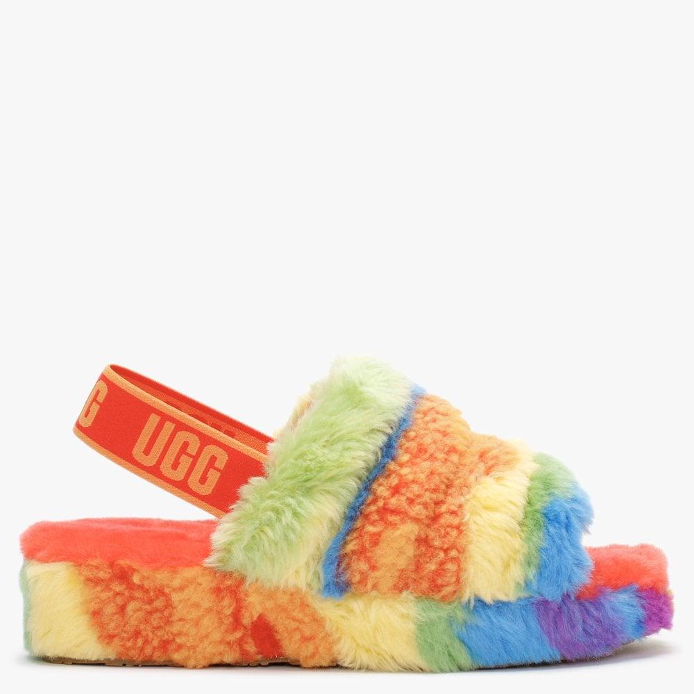 UGG Fluff Yeah Logo Cali Collage Rainbow Stripes Sheepskin Sliders | Lyst