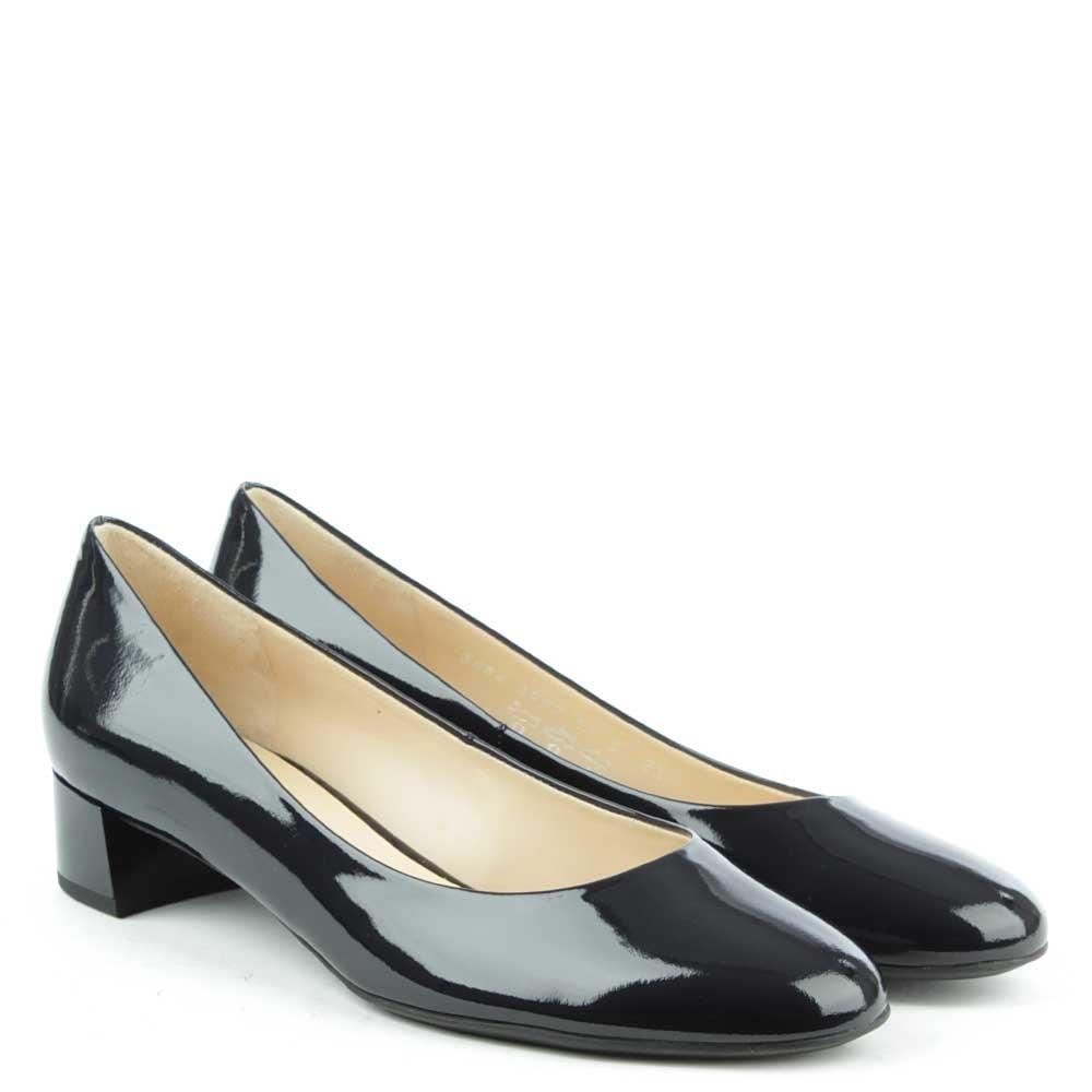 navy patent block heels