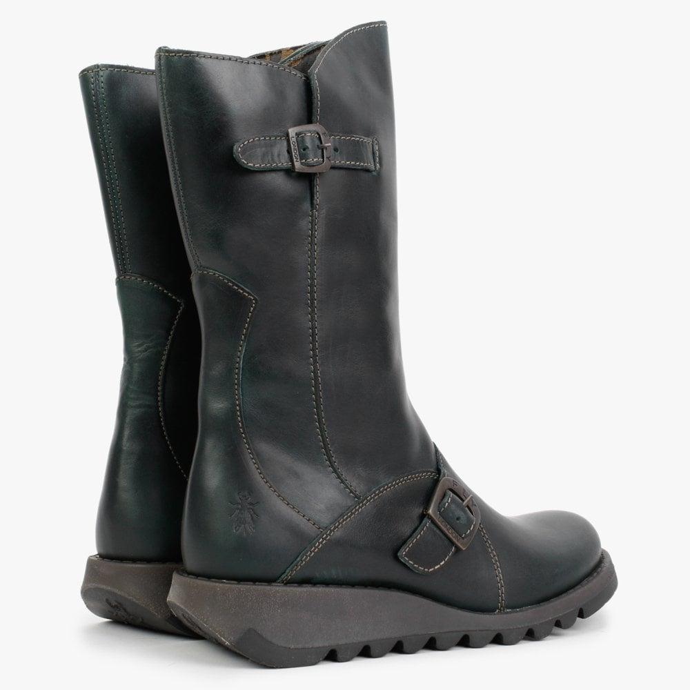 Petrol Leather Low Wedge Calf Boots 