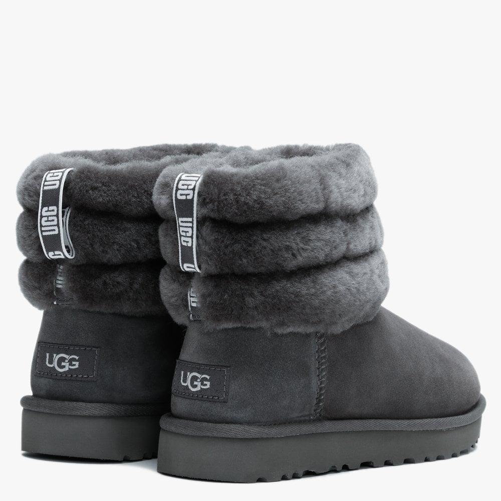UGG Fluff Charcoal Suede Quilted Mini Logo Ankle Boots in Grey Suede