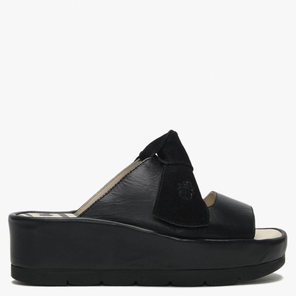 Fly London Bade Black Leather Flatform Mules in Black - Lyst
