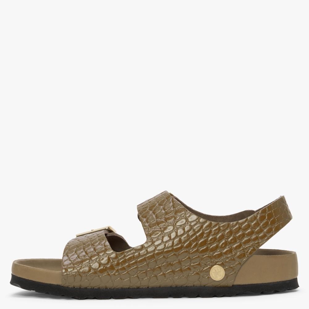 Birkenstock Milano Rivet Logo Emboss Mud Green Leather Sandals | Lyst