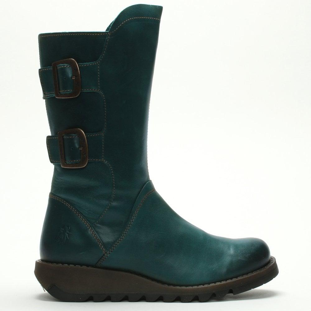 Fly London Sack Petrol Leather Low Wedge Calf Boot In Green Leather Green Lyst