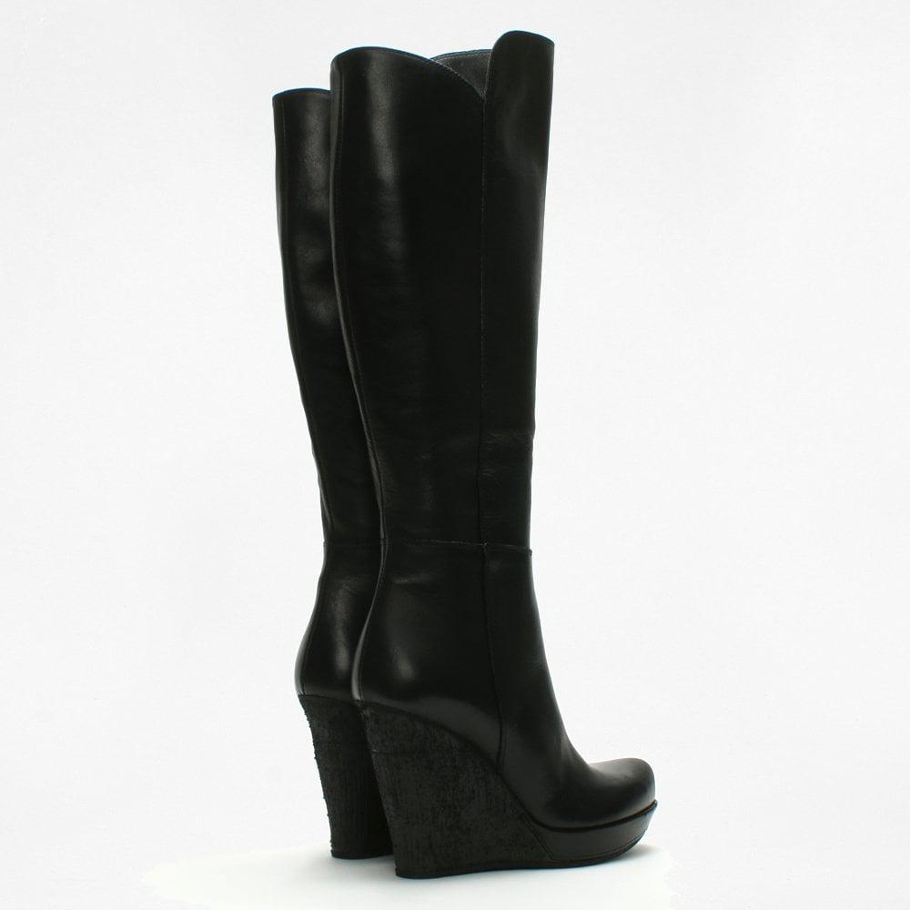 wedge black knee high boots