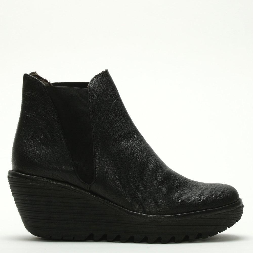 Fly London Woss Black Leather Wedge Ankle Boots - Lyst