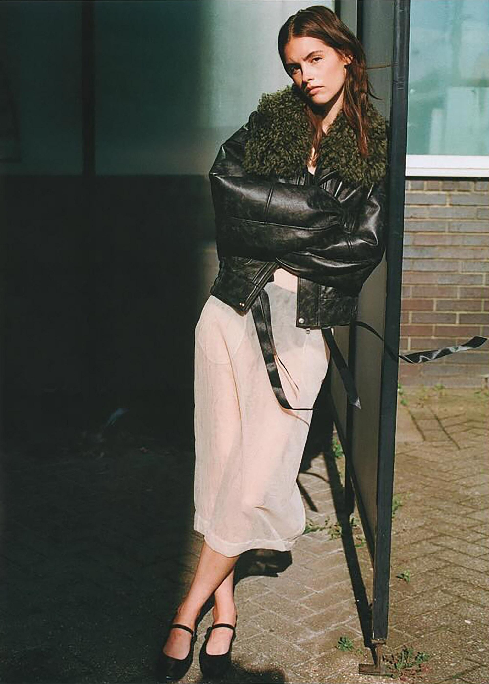 Charlotte Simone Frankie Black Khaki Shearling Collar Biker