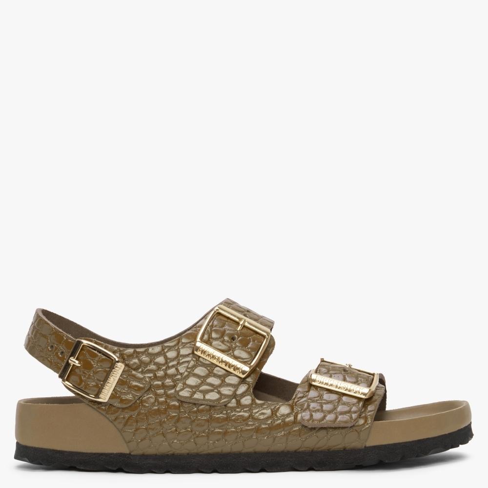 Birkenstock Milano Rivet Logo Emboss Mud Green Leather Sandals | Lyst