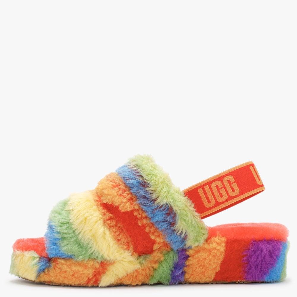 UGG Fluff Yeah Logo Cali Collage Rainbow Stripes Sheepskin Sliders | Lyst