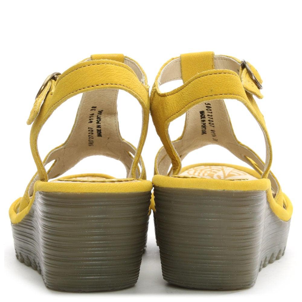 Fly London Yini Lemon Leather T Bar Wedge Sandal in Yellow Leather (Yellow) - Lyst