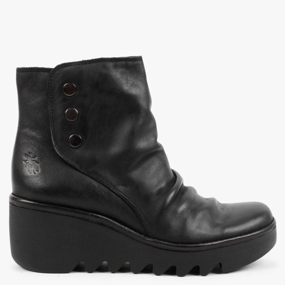 Brom Black Leather Wedge Ankle Boots