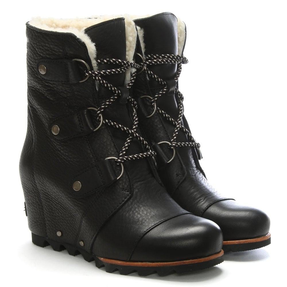 Sorel Joan Of Arctic Black Leather Wedge Boots - Lyst