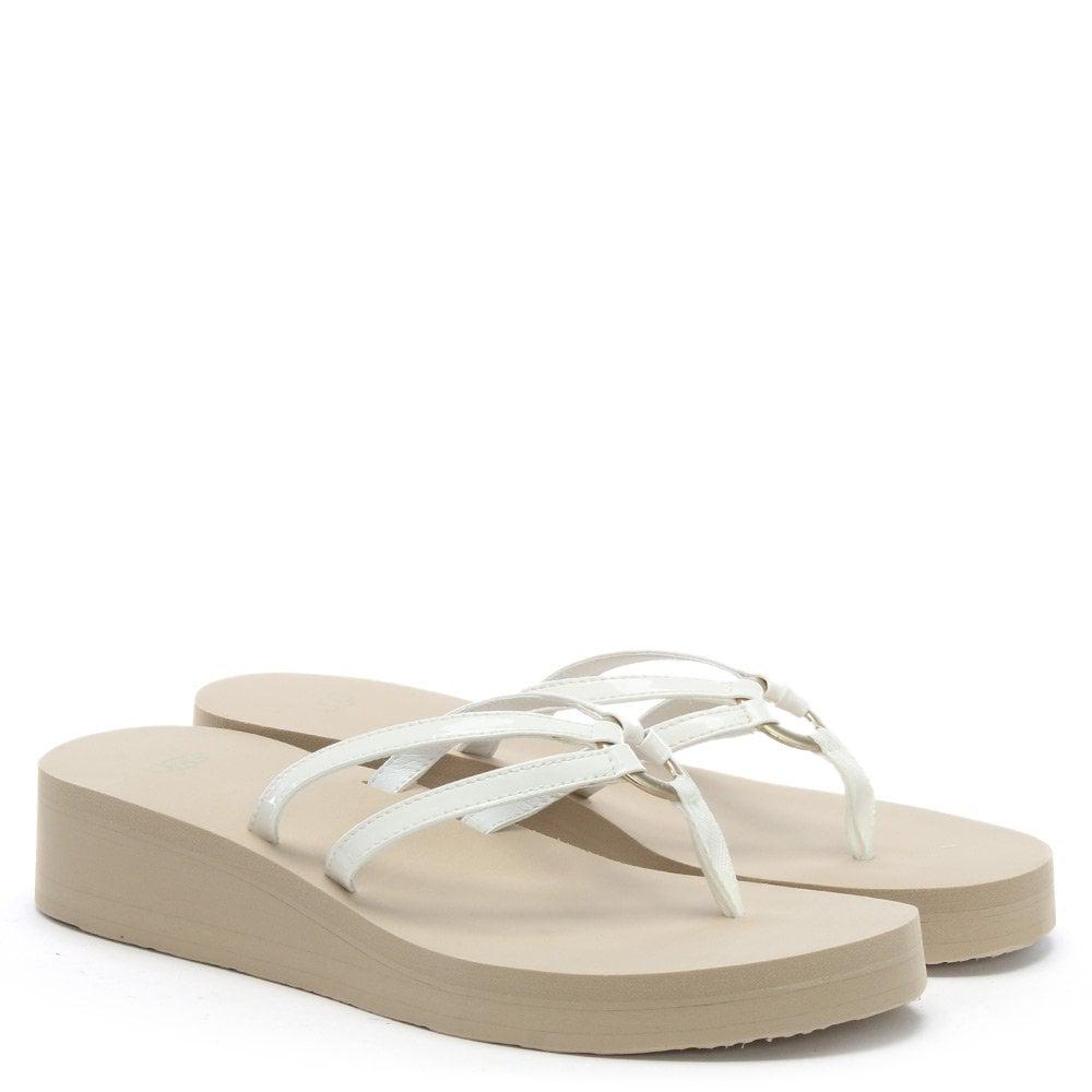 UGG Sandie White Patent Wedge Flip Flops - Lyst