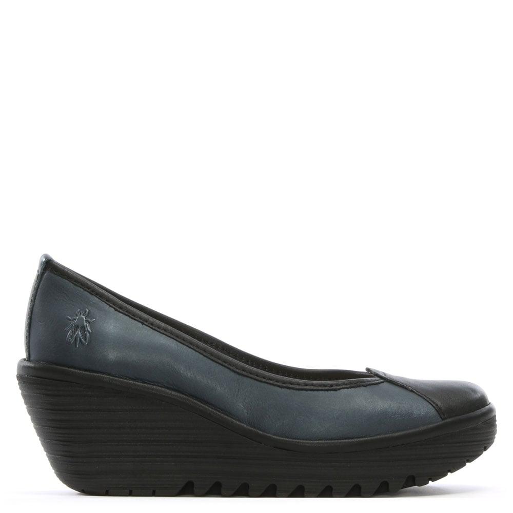 Yerb Navy Leather Wedge Shoes