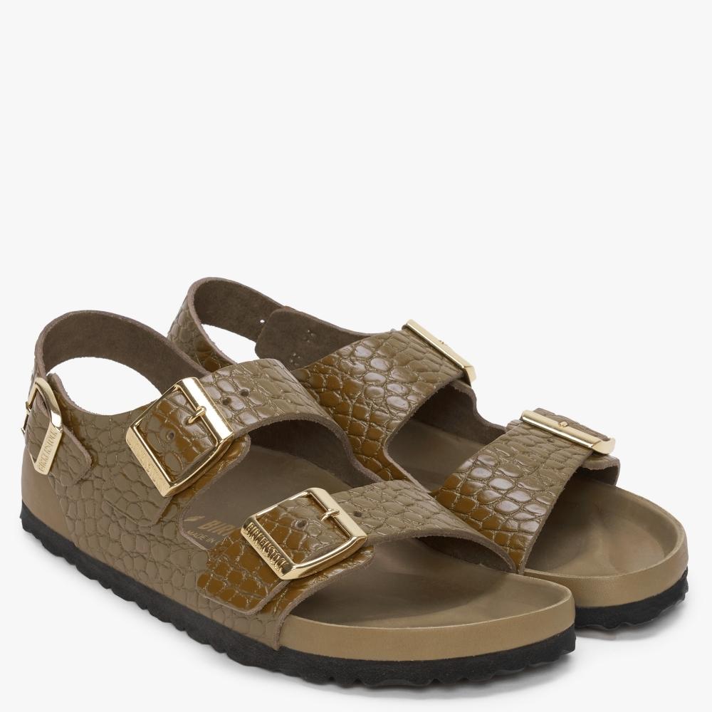 Birkenstock Milano Rivet Logo Emboss Mud Green Leather Sandals | Lyst