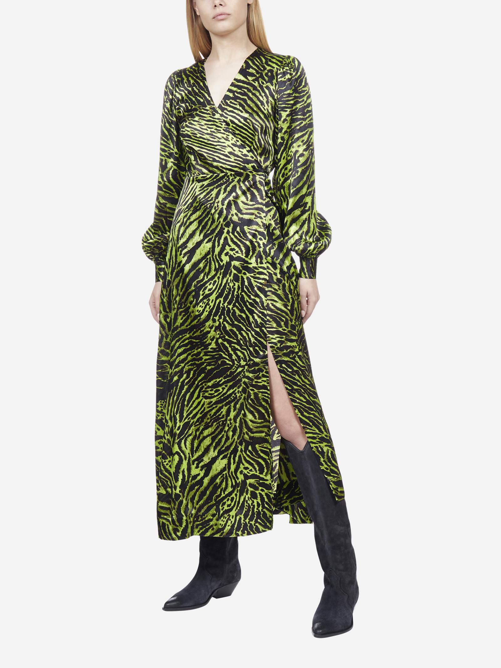 Ganni Zebra-print Silk Satin Wrap Dress in Green - Lyst