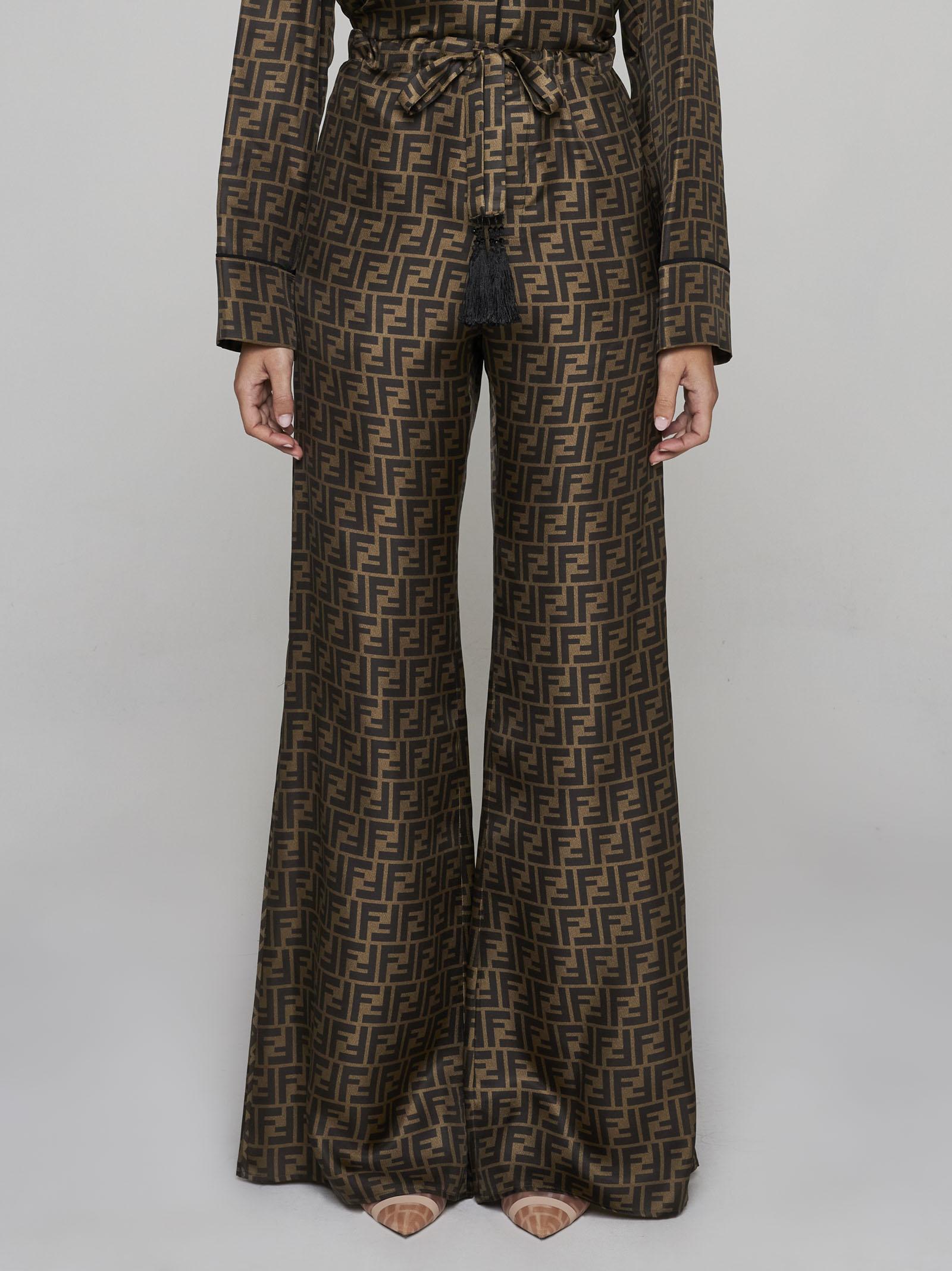 Fendi Ff Print Silk Trousers in Brown