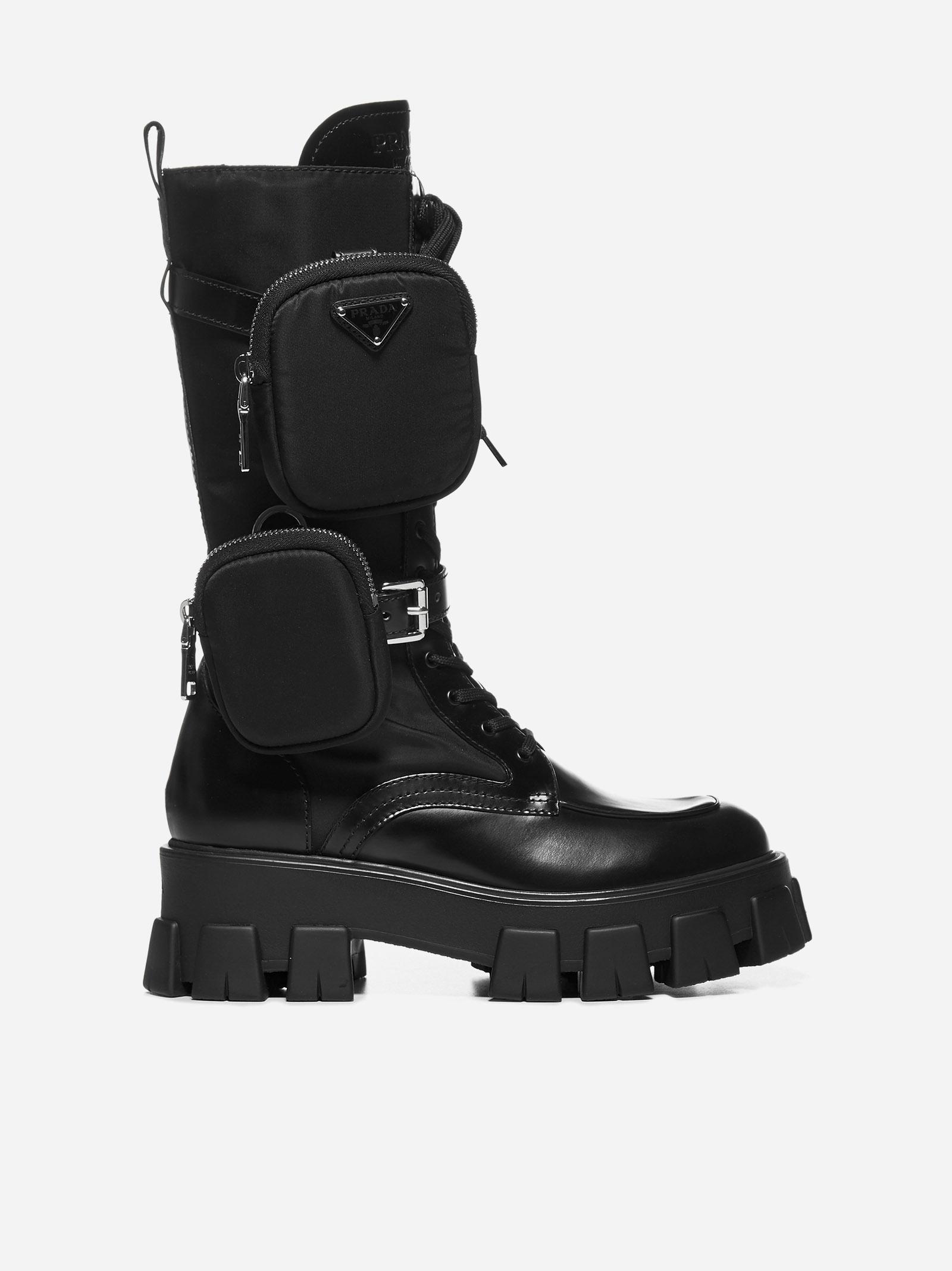 Prada Monolith Leather And Nylon Combat Boots in Black - Lyst