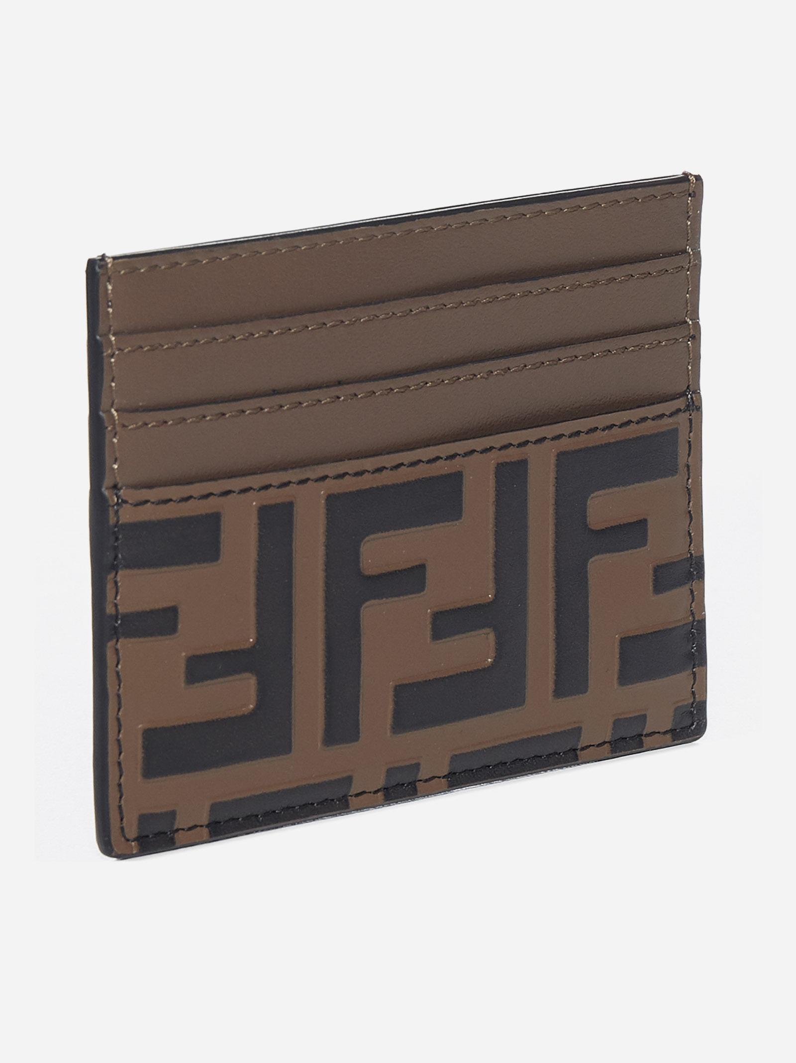 FENDI: credit card holder in leather with FF print - Tobacco