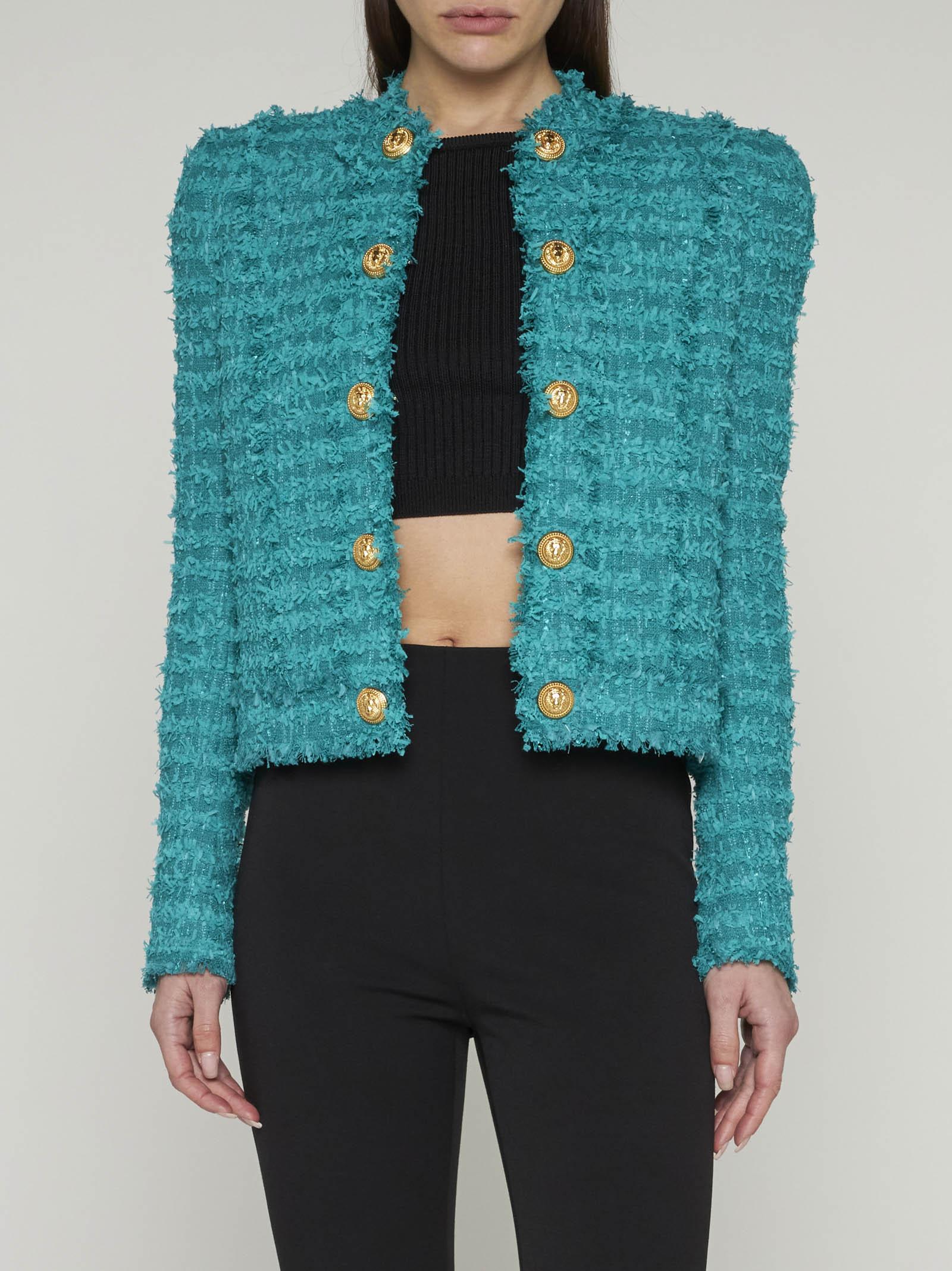 Balmain Cotton-blend Tweed Jacket in Blue | Lyst