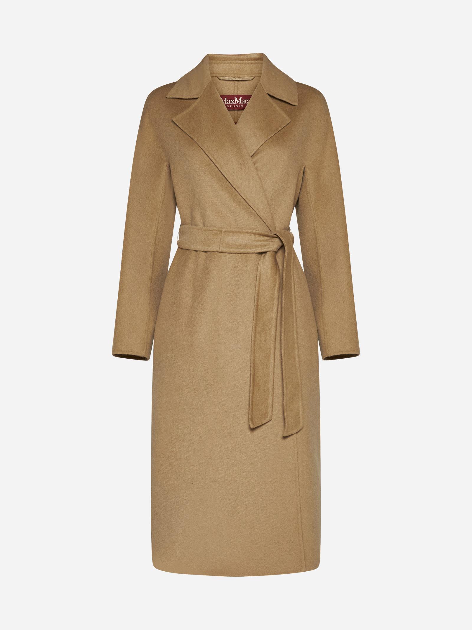 Max Mara Studio Cles Wool-blend Belted Coat in Natural | Lyst