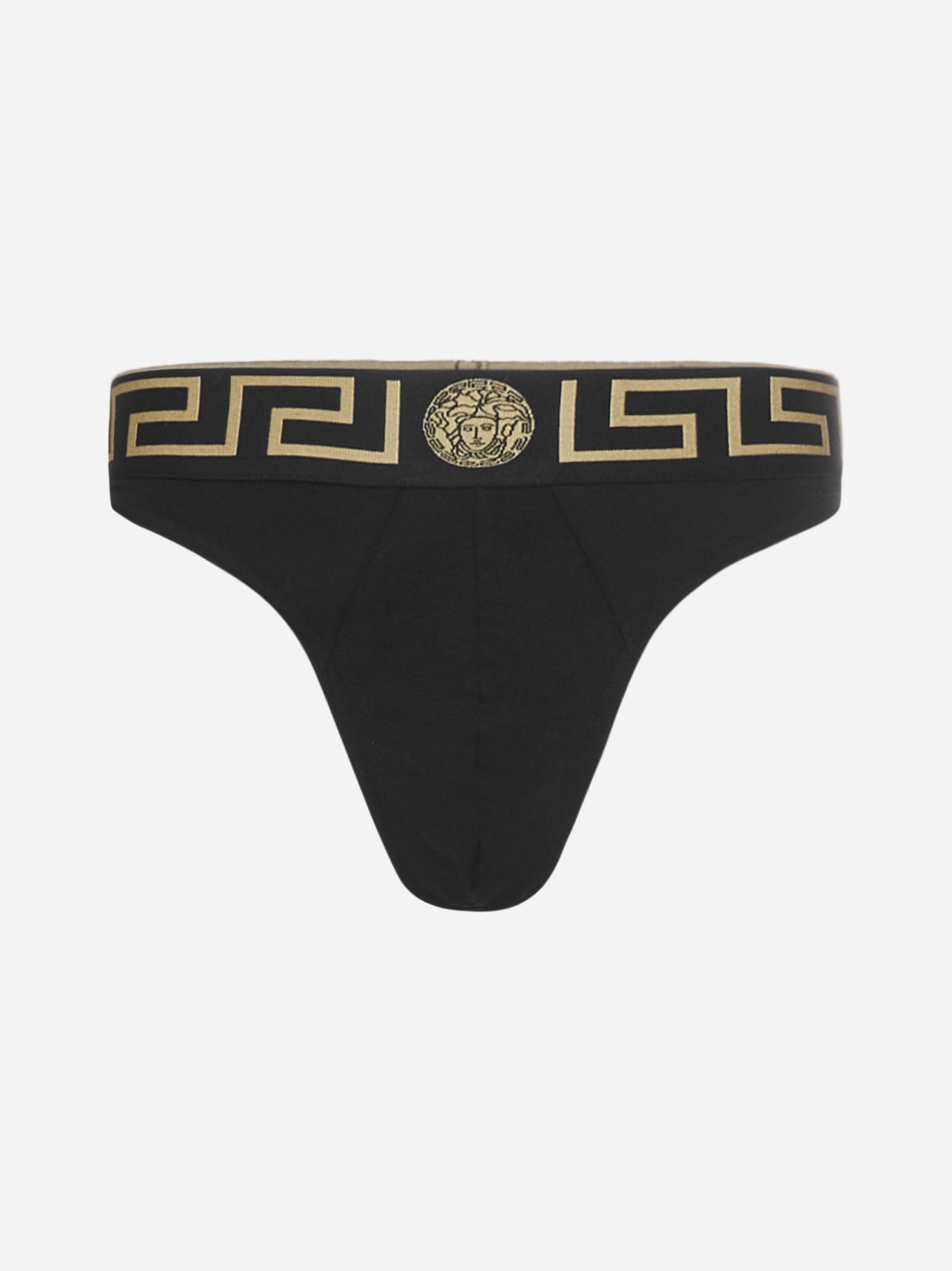 Versace Medusa And Greca Cotton Thong in Black | Lyst