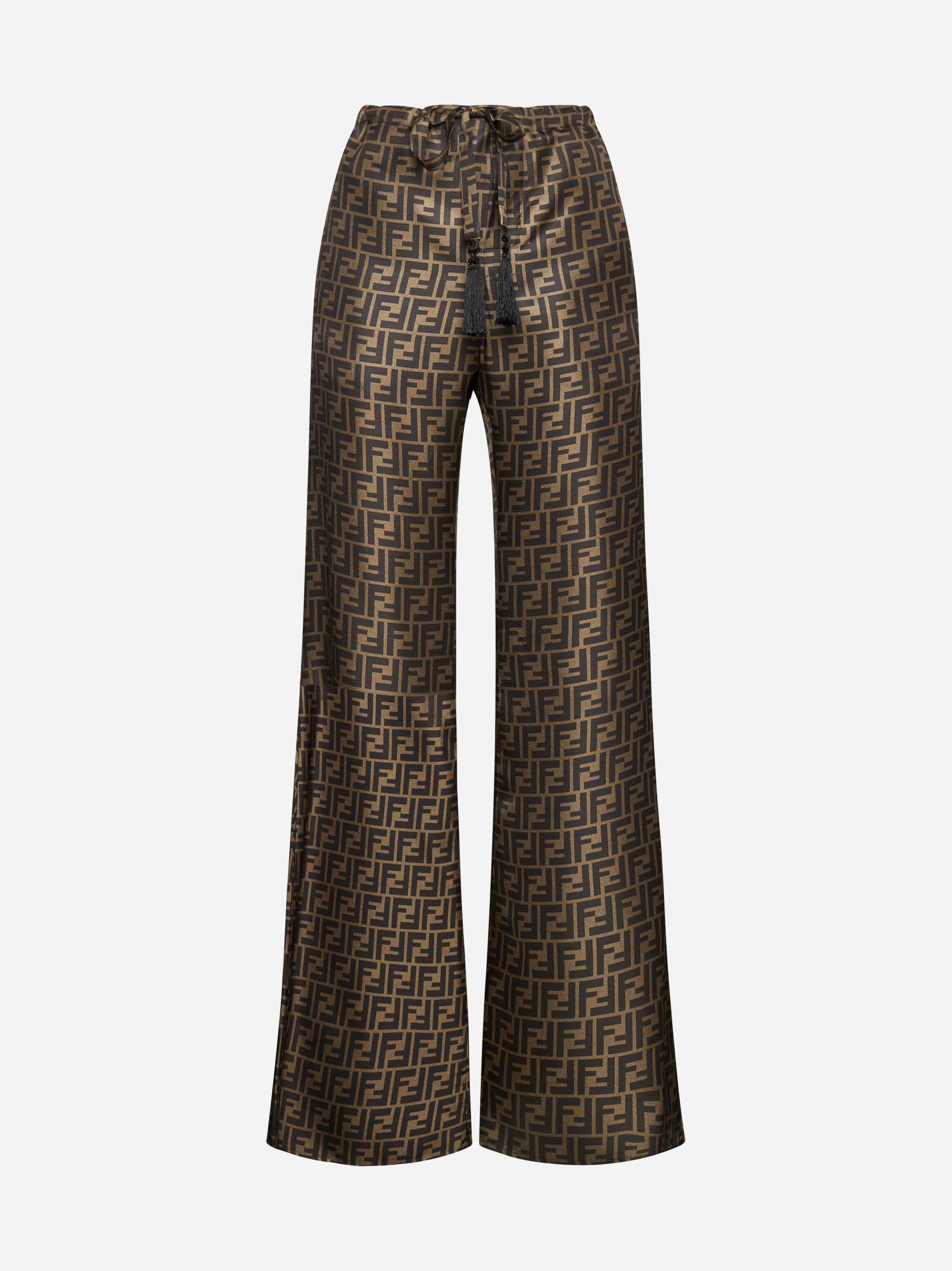 Fendi Ff Print Silk Trousers in Brown