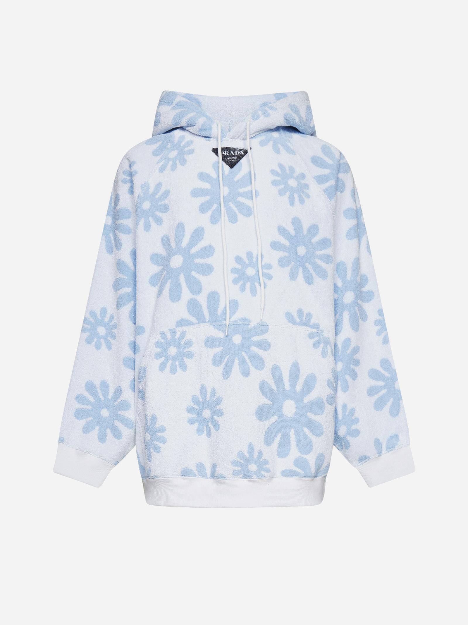 Prada Floral Print Polar Fleece Hoodie in Blue | Lyst