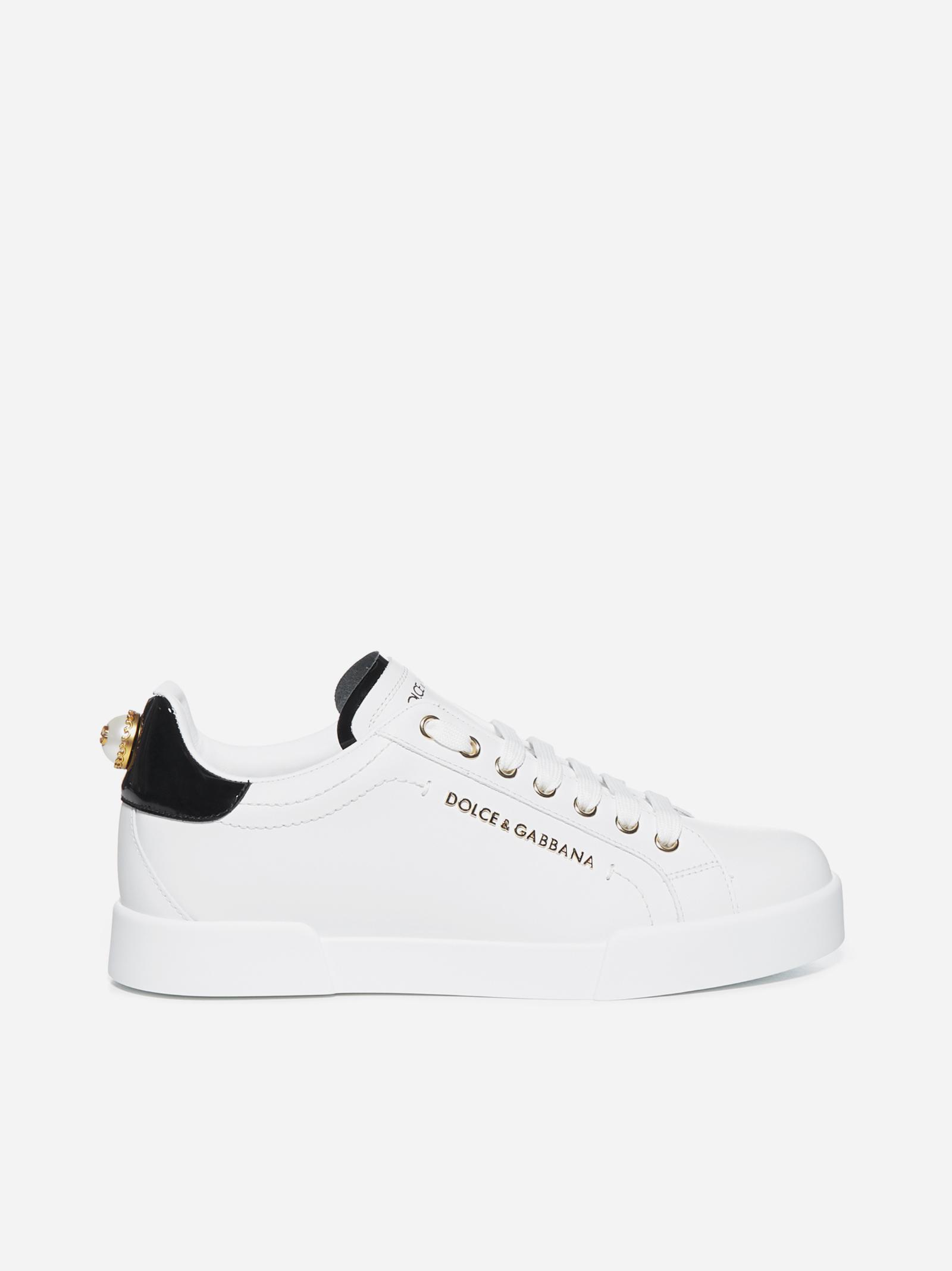 Dolce & Gabbana Portofino Logo-pearl Leather Sneakers in White - Lyst