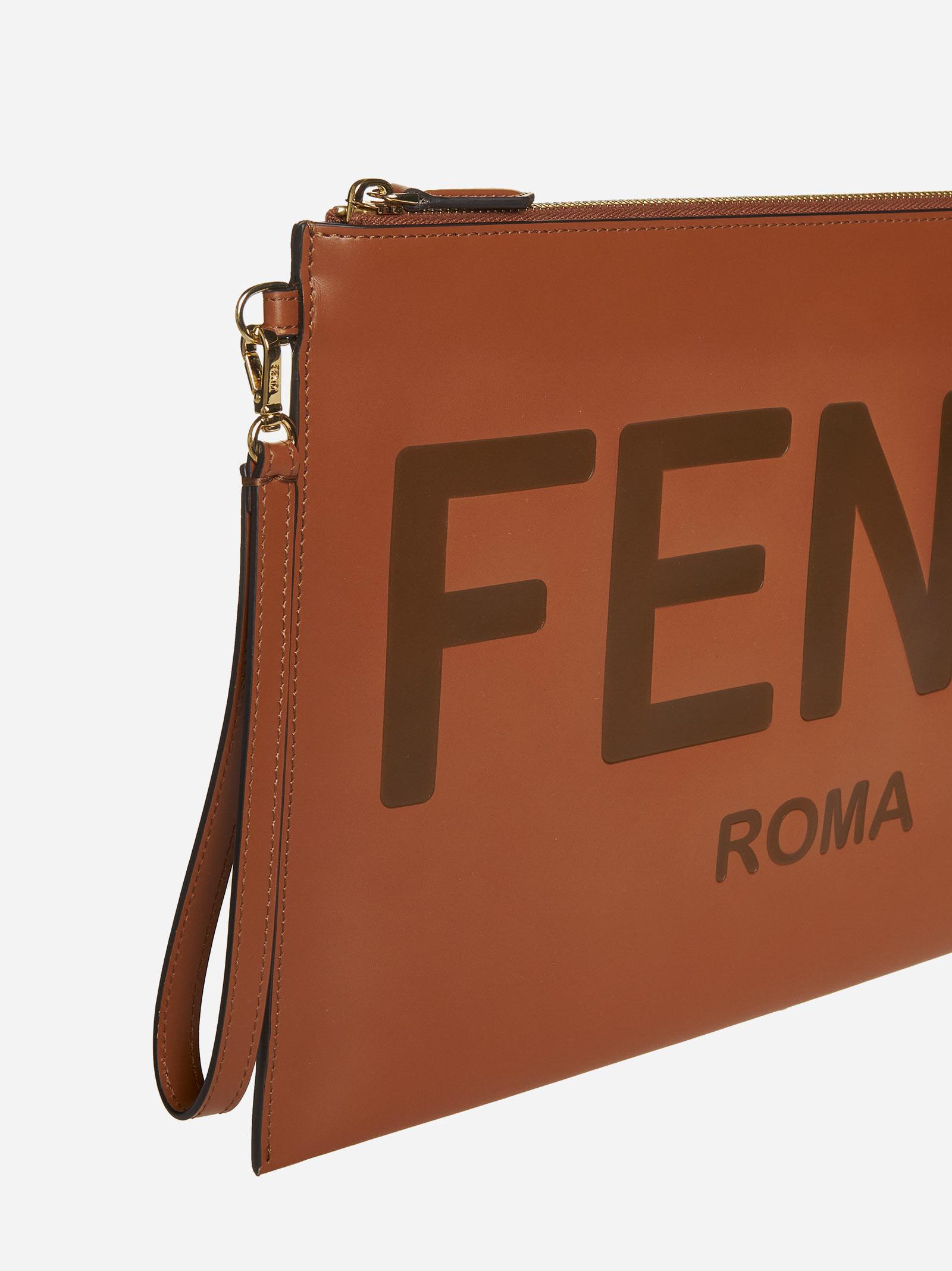 Fendi Logo Nappa Leather Large Pouch in Brown