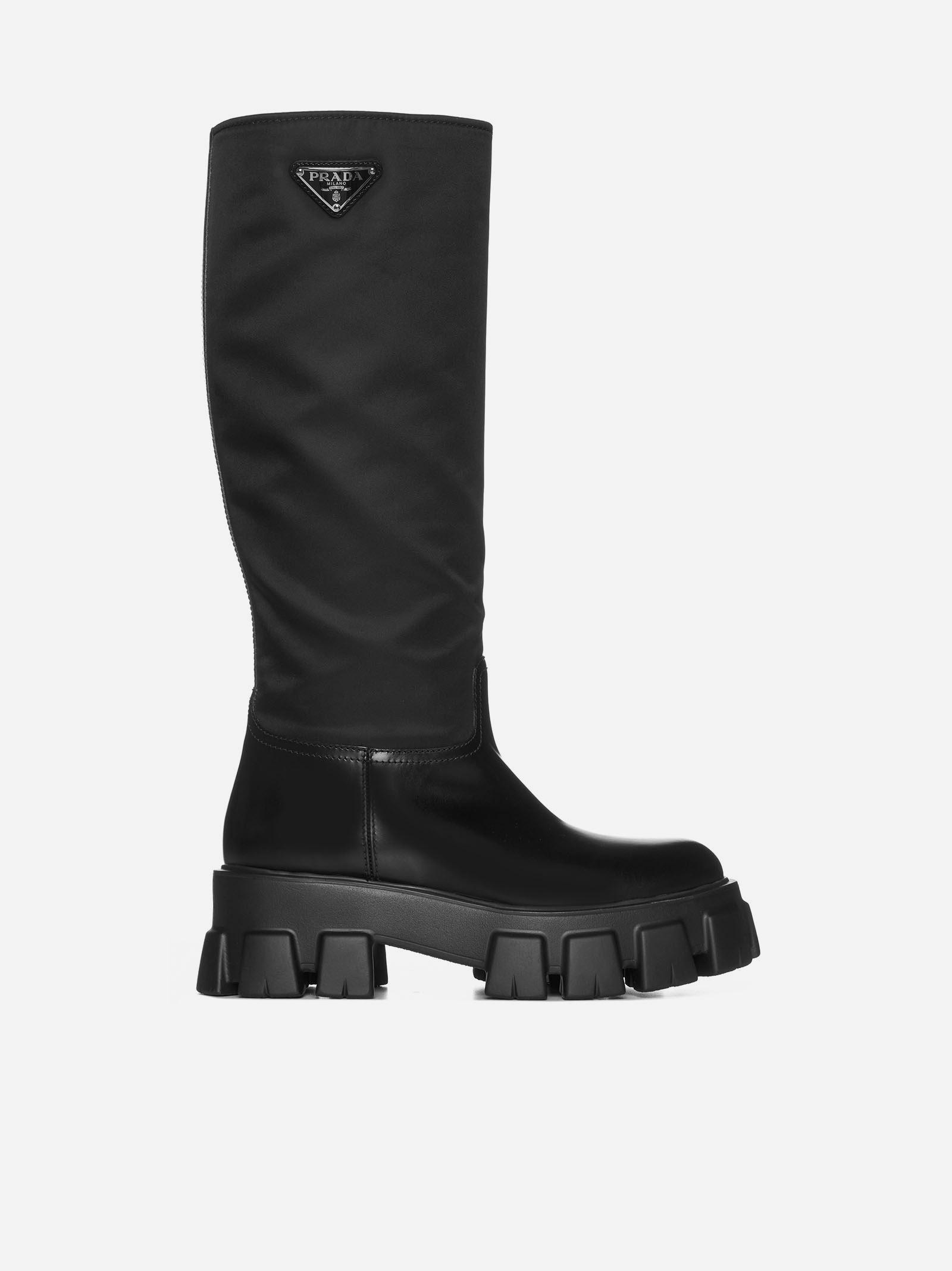 Prada Monolith Leather And Nylon Boots in Black | Lyst