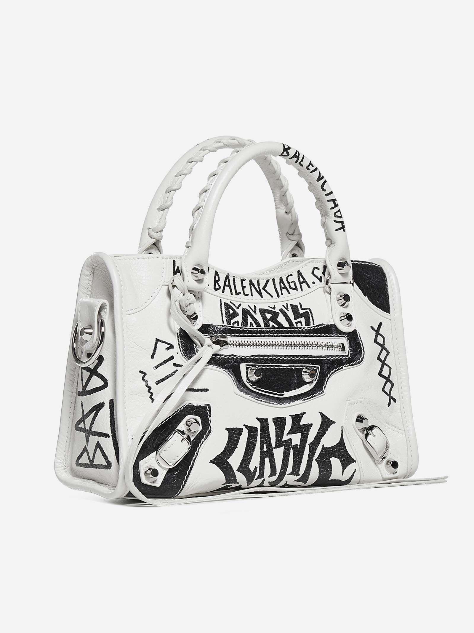 Balenciaga Graffiti Classic City Mini Shoulder Bag in white and multicolor  printed Arena leather