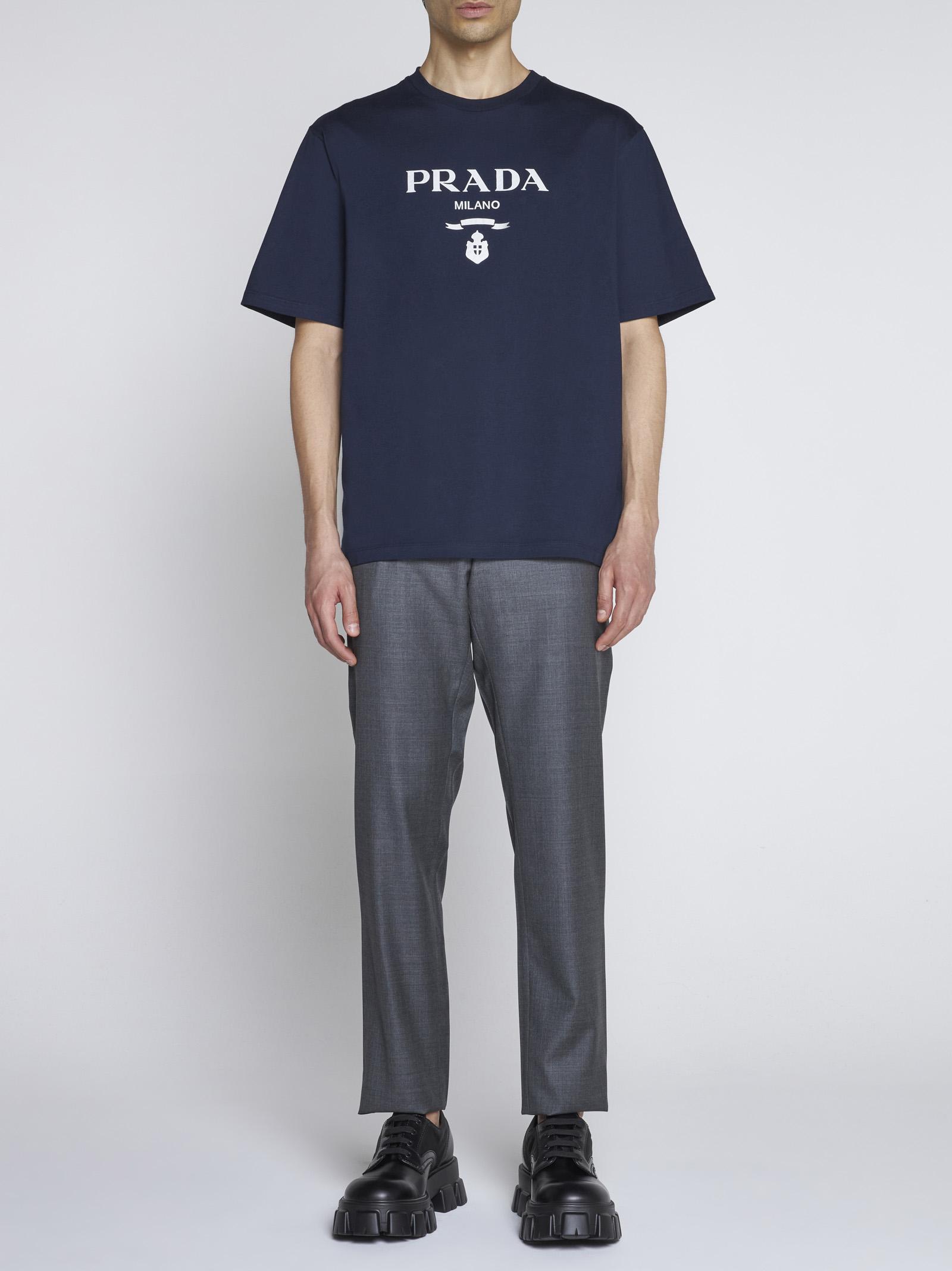 Prada Logo Cotton T-shirt in Blue for Men | Lyst