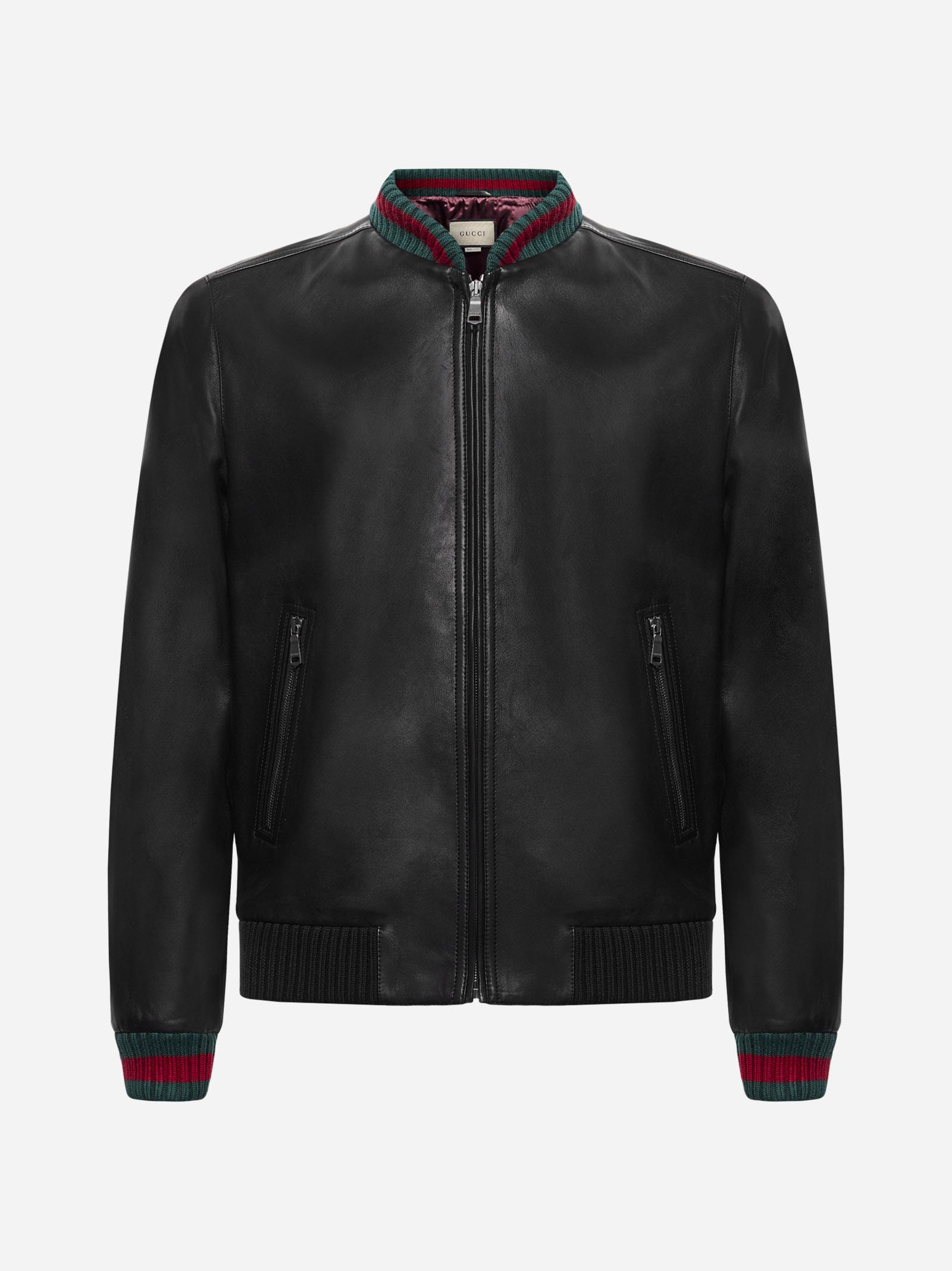 Gucci Web-detail Leather Bomber Jacket in Black for Men | Lyst