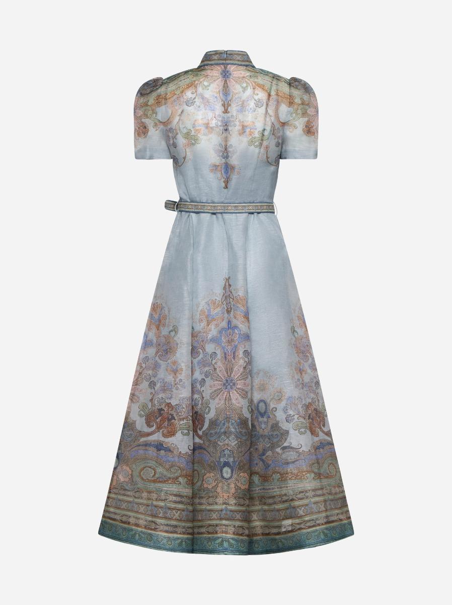 Zimmermann Eden Silk And Linen Belted Midi Dress in Gray | Lyst