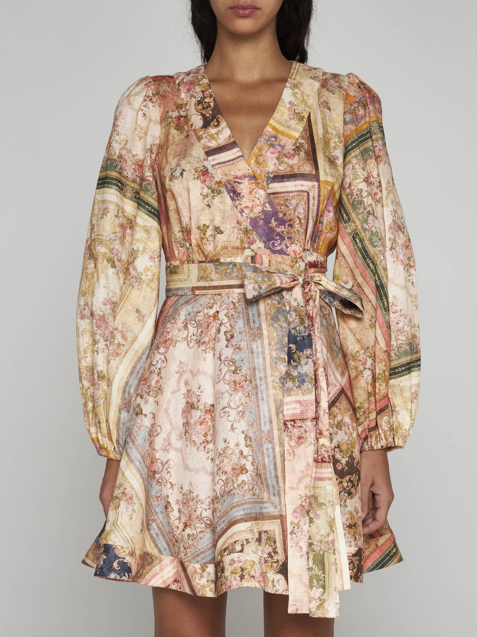 Zimmermann August Print Linen Wrap Mini Dress in Natural | Lyst Zimmermann August Print Linen Wrap Mini Dress in Natural | Lyst