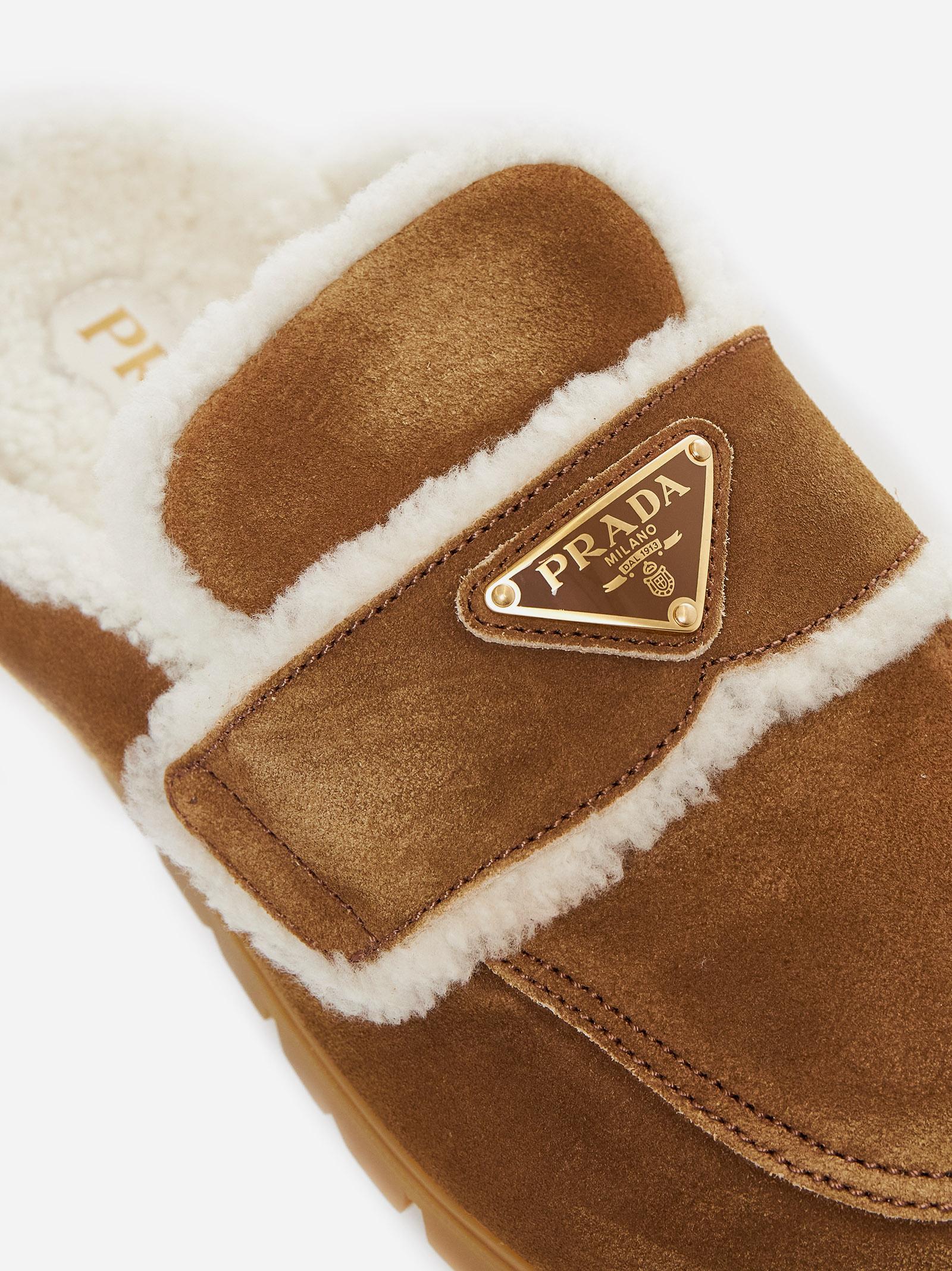 Prada Suede And Shearling Slippers in Brown | Lyst