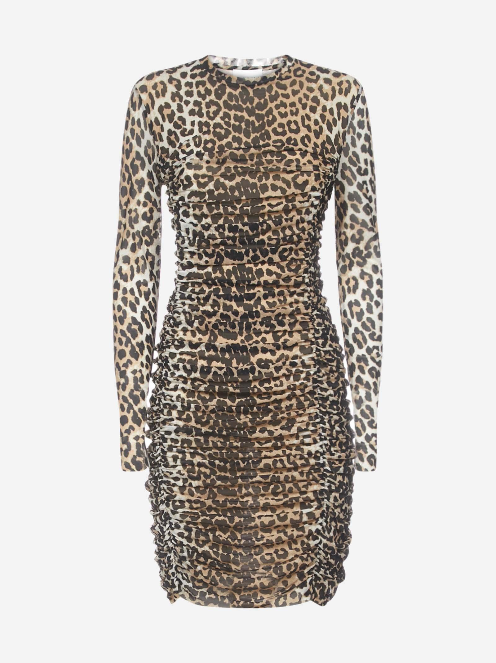 Ganni Leopard Print Ruffled Mini Dress - Lyst