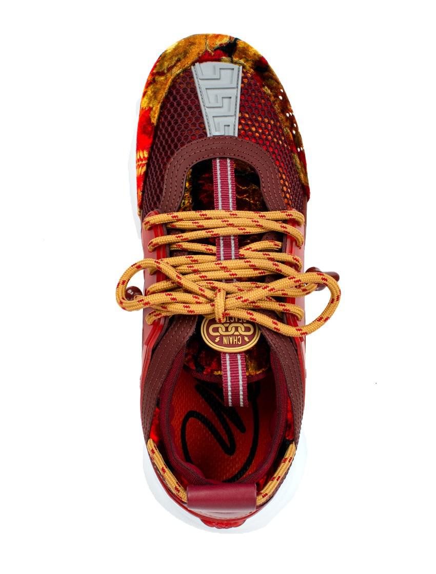 Versace Chain Reaction Red Velvet Trainers In Burgundy