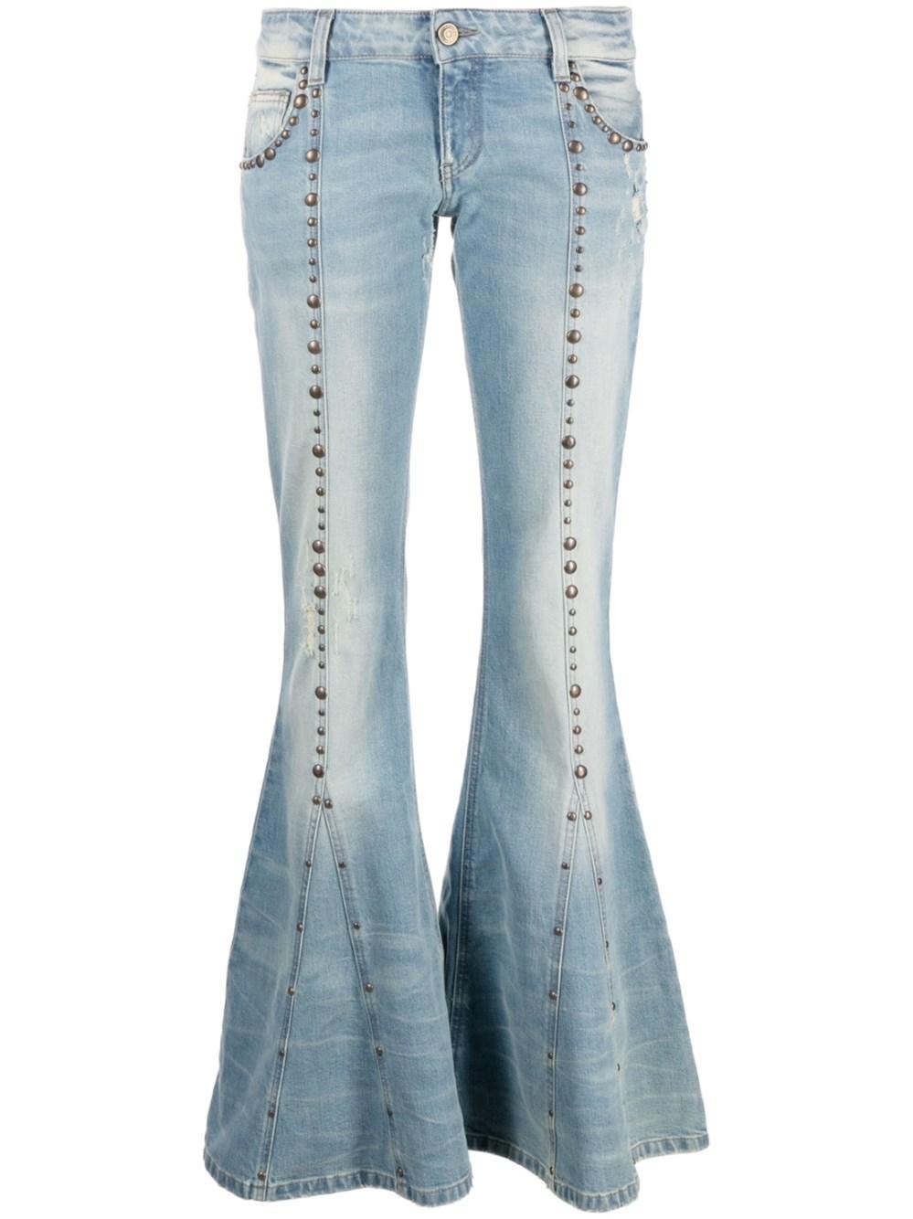 Floral Embellished Wide Leg Jeans in Blue - Blumarine