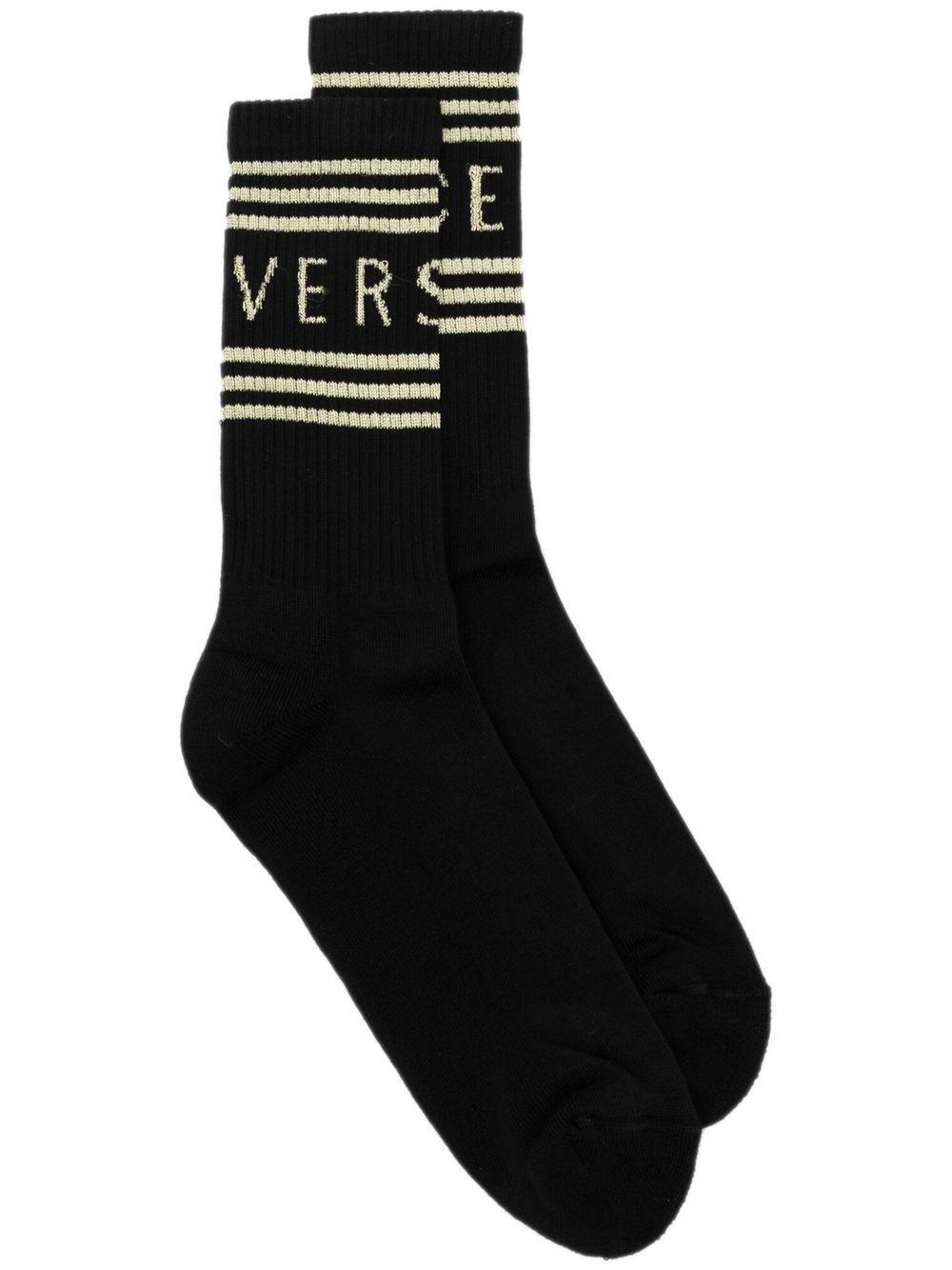 Versace Striped Logo Mid-calf Socks in Black for Men | Lyst