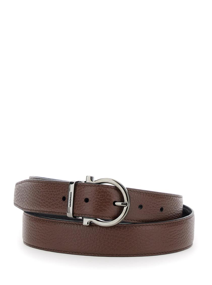 FERRAGAMO ● 牛革ベルト Brown Men's Reversible Textured Leather Belt with Classic Buckle