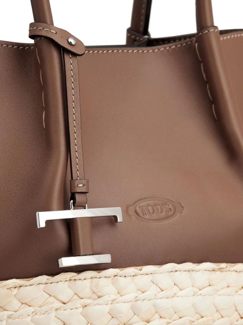 Tod's T Timeless-Charm Raffia And Leather Small Tote Bags in