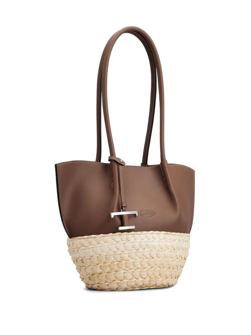 【SALE】T TIMELESS-CHARM RAFFIA AND LEATHER SMALL TOTE BAG Tod's T Timeless-Charm Raffia And Leather Small Tote Bags in