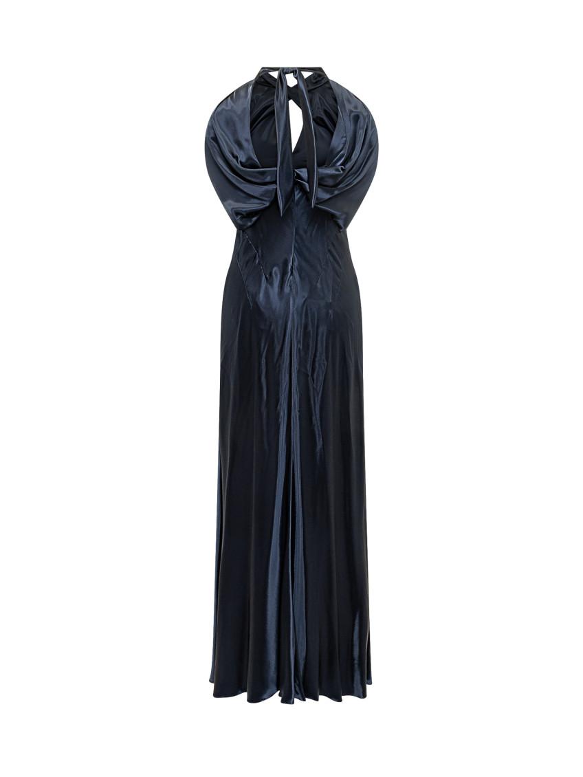 sapphire blue chiffon dress Alberta Ferretti Sheer Silk Lapis Blue Ruffle Draped Maxi Dress  Basha Gold
