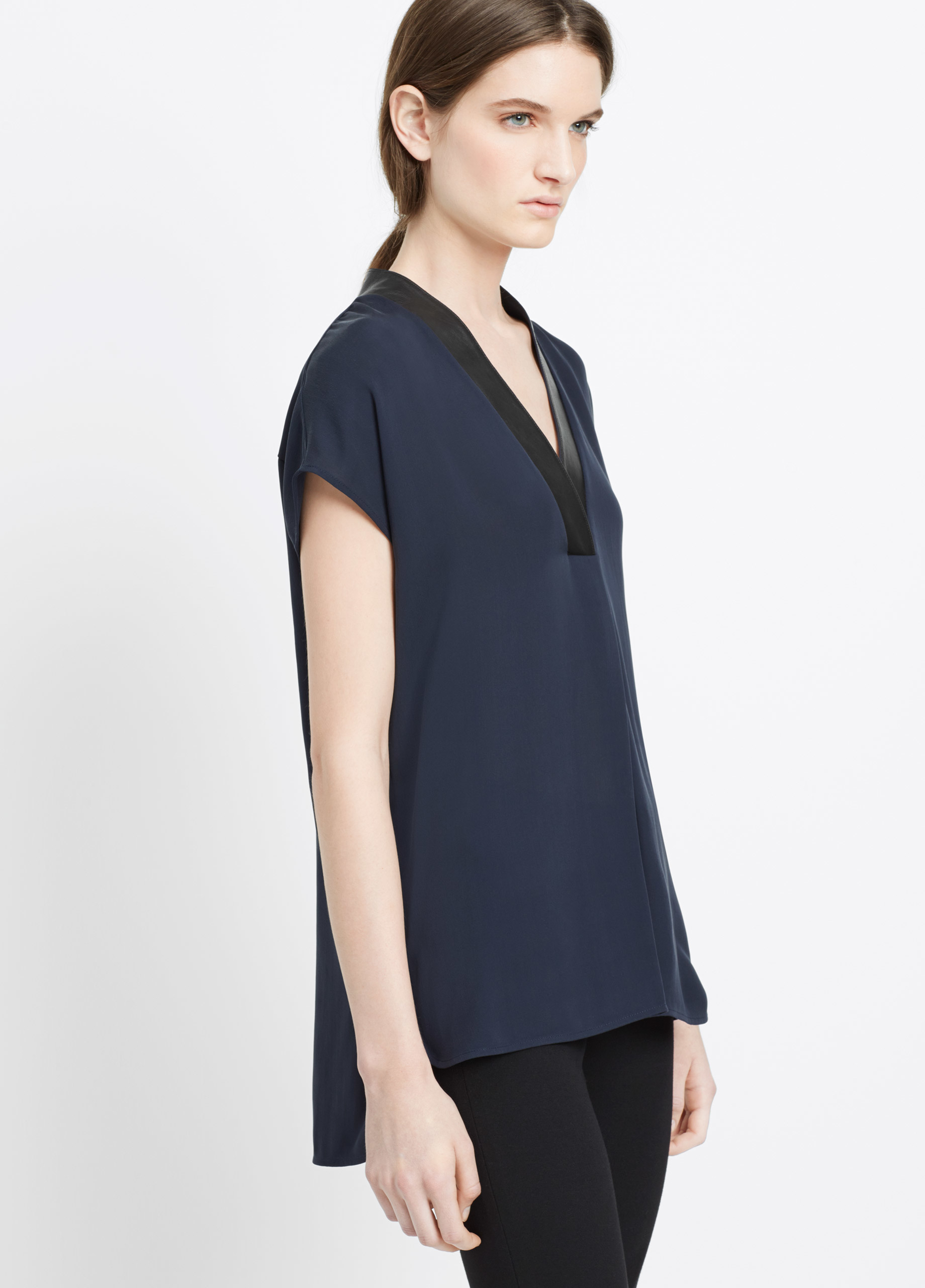 Vince Silk Cap Sleeve Vneck Top With Leather Trim in Blue Lyst