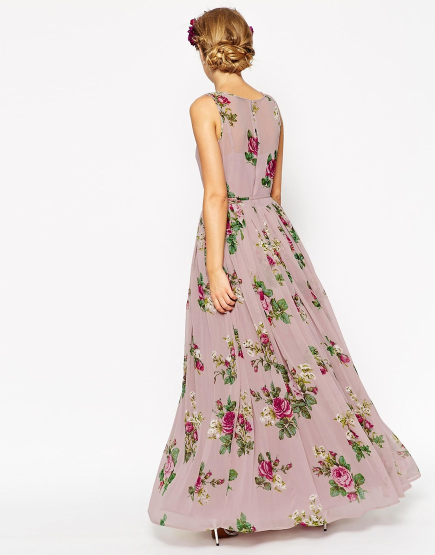 Asos Wedding Super Full Maxi Dress In Floral Print In Purple Pink